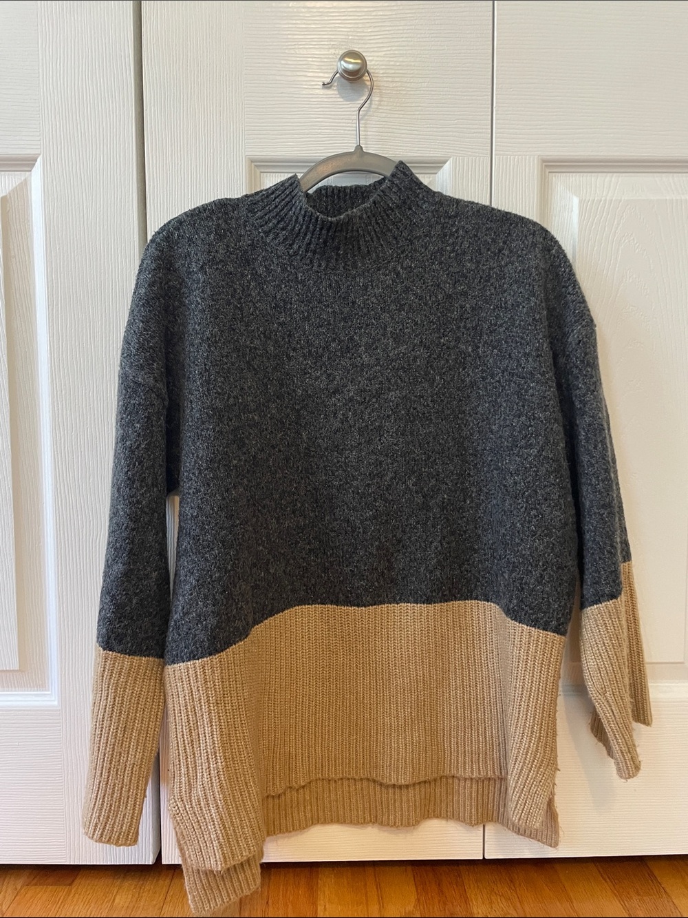 Michael Kors Charcoal Gray and Camel Colorblock Turtleneck Sweater